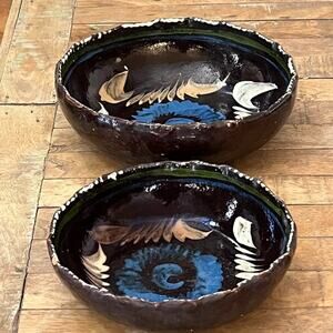 Ceramic Serving Bowls Set of 2 Mexican Tlaquepaque Brown Glaze With Floral
